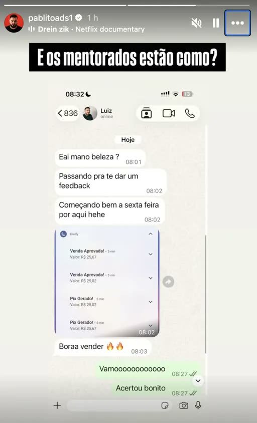 Mentorado enviando print de vendas aprovadas pelo WhatsApp