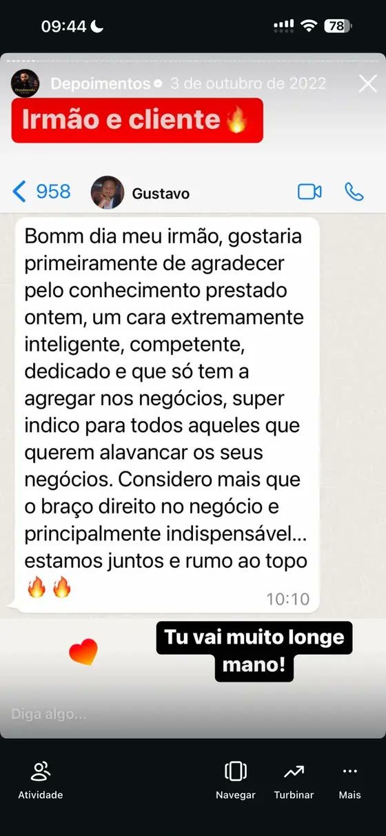 Depoimento: cliente agradecendo pelo conhecimento aplicado